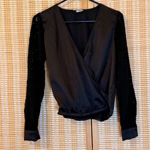 Pleione Black Satin Wrap Blouse Lace Long Sleeve V-Neck Top Small Whimsigoth
